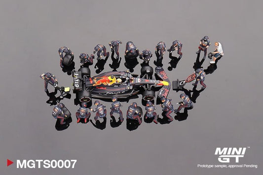 MINI GT MGTS0007 Oracle Red Bull Racing RB18 #1  Max Verstappen 2022 Abu Dhabi GP Pit Crew Set - Limited Edition 5000 Sets