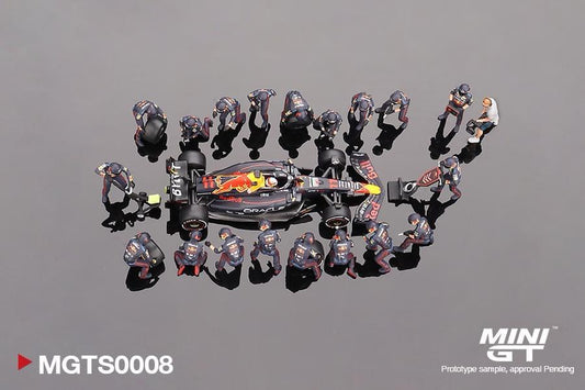 MINI GT MGTS0008 Oracle Red Bull Racing RB18 #11 Sergio Pérez  2022 Abu Dhabi GP Pit Crew Set - Limited Edition 5000 Sets