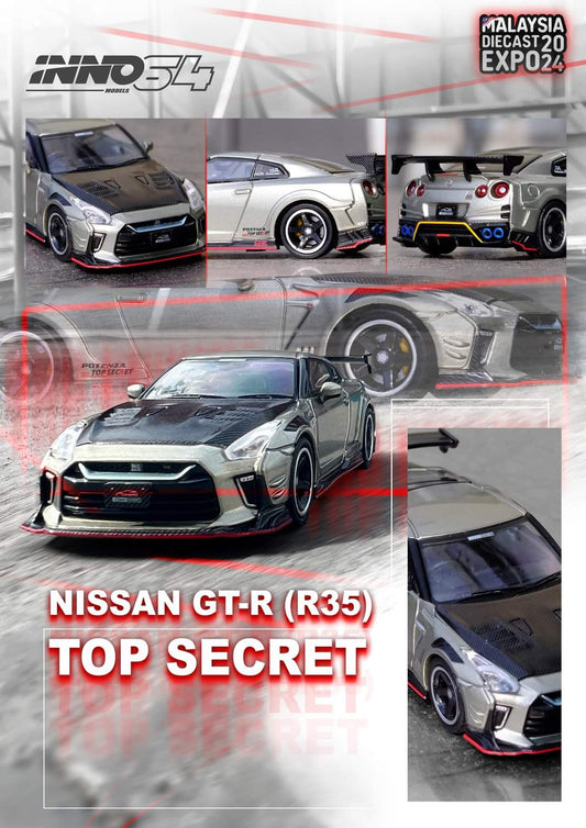 Inno64 Top Secret Nissan GT-R R35 Silver w/ carbon fibre hood MDX 2024 Exclusive