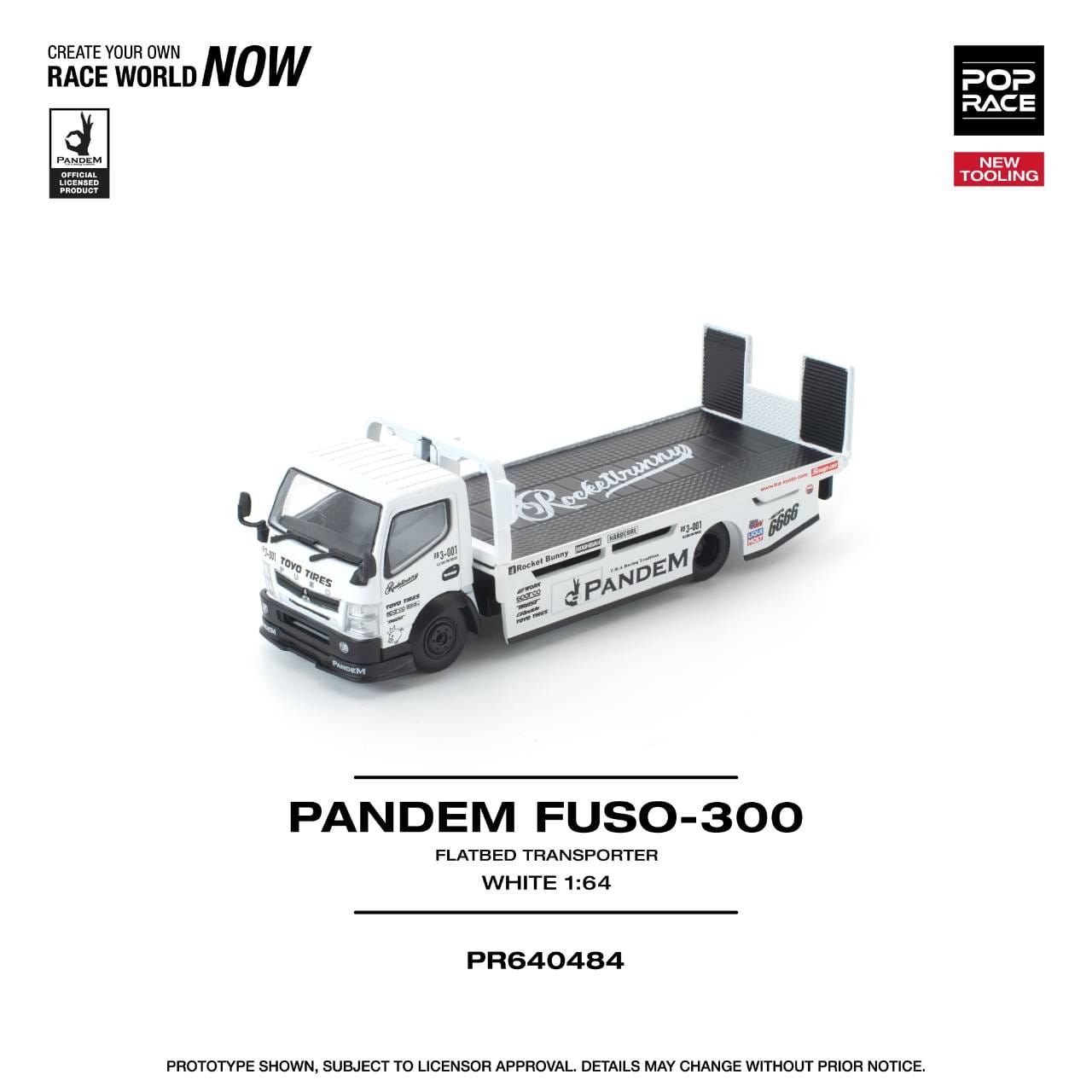 Pop Race 1:64 Scale Pandem FUSO 300 Flatbed Transporter White