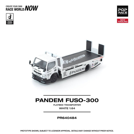 Pop Race 1:64 Scale Pandem FUSO 300 Flatbed Transporter White