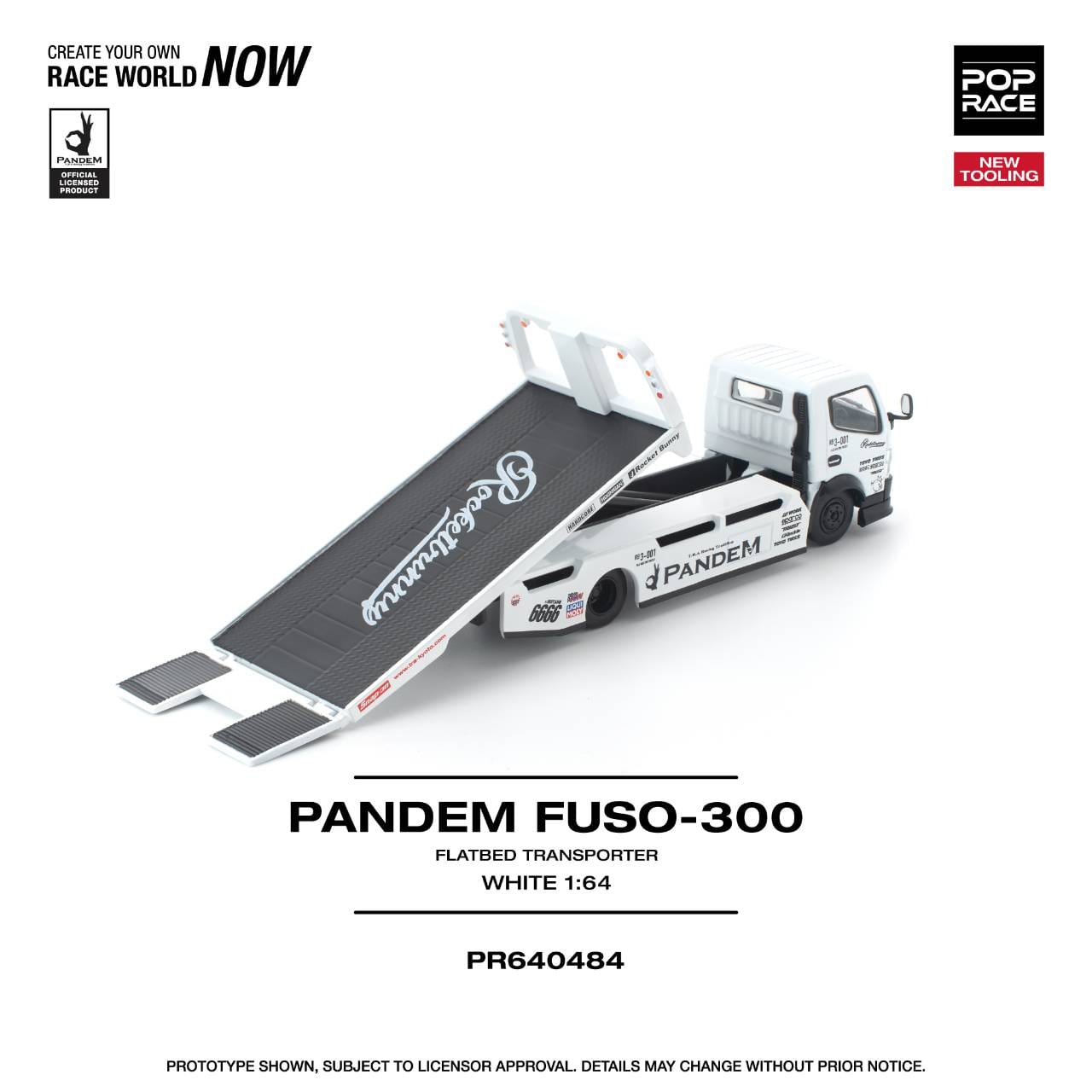 Pop Race 1:64 Scale Pandem FUSO 300 Flatbed Transporter White