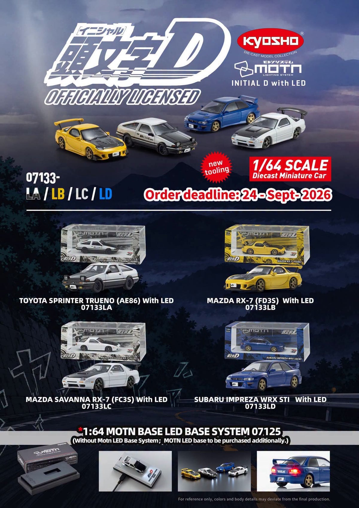 Kyosho x MOTN Initial D 1:64 AE86, RX-7 FD3S, RX-7 FC3S, WRX STI GC8