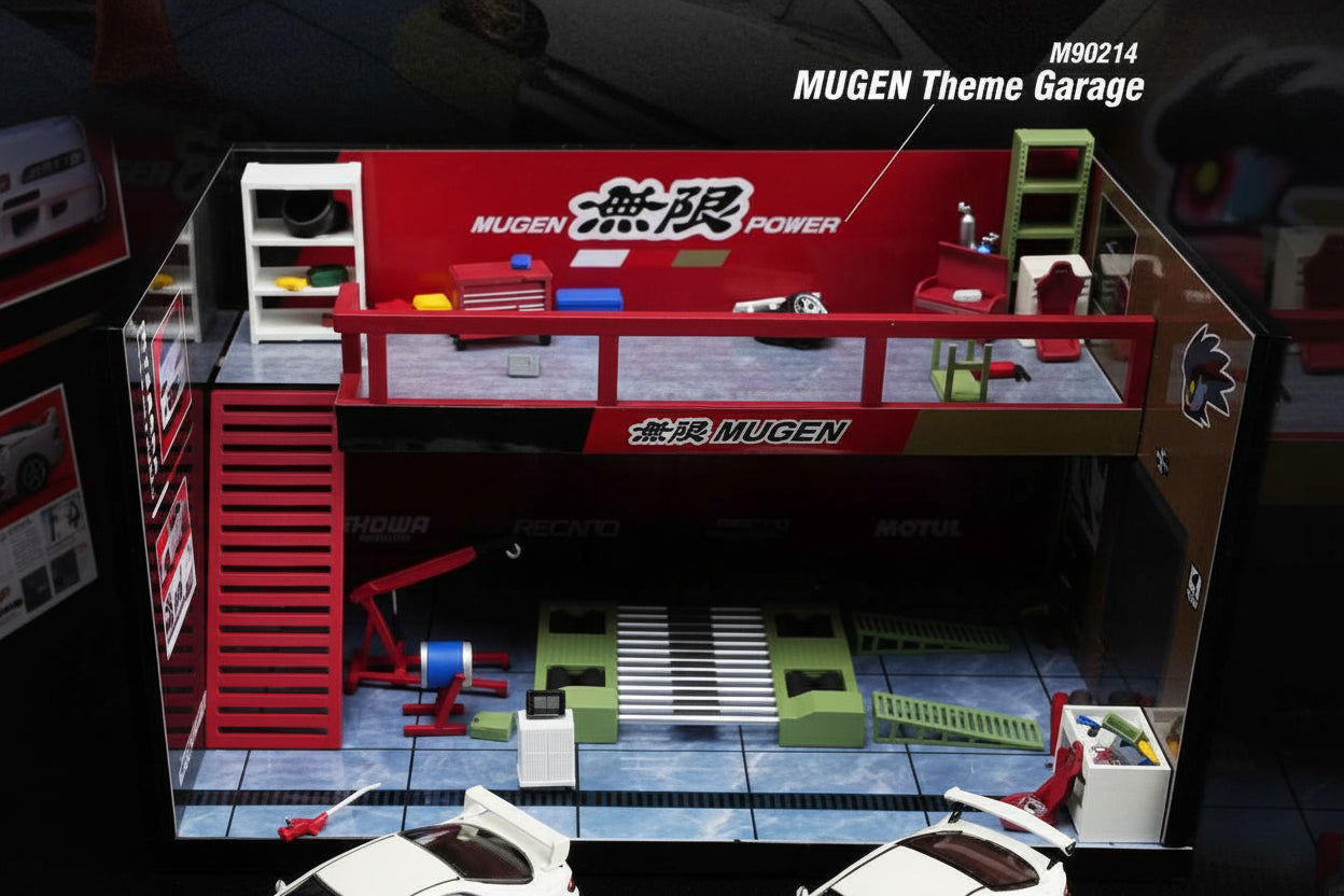 Model garage with MUGEN branding and two white cars on a dark background