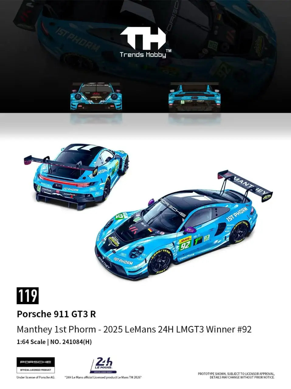 Trends Hobby Trends Hobby 1:64 Scale Porsche 911 GT3 R Manthey 1st Phorm 2025 LeMans 24H LMGT3 Winner #92