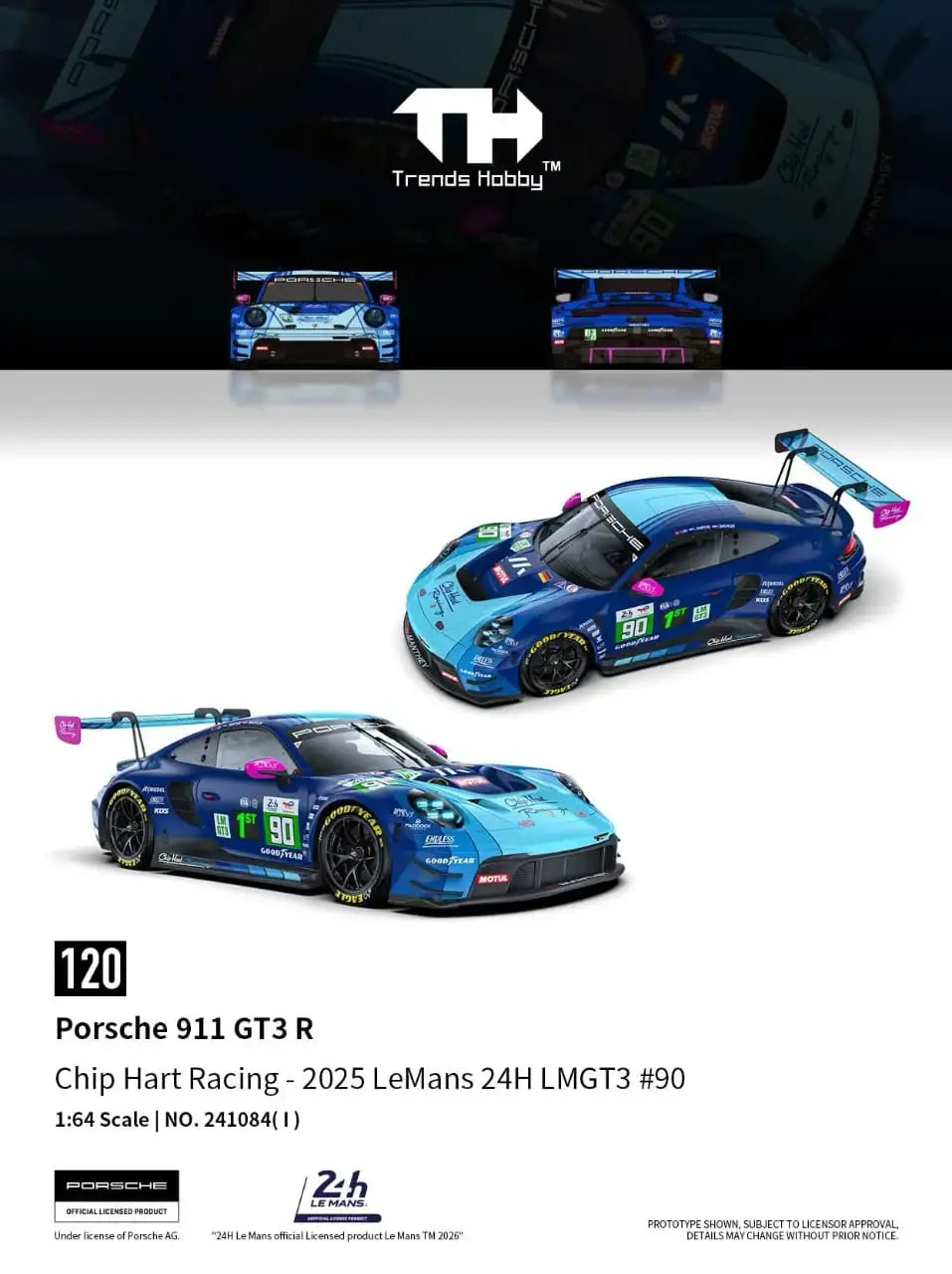 Trends Hobby Trends Hobby 1:64 Scale Porsche 911 GT3 R Chip Hart Racing 2025 LeMans 24H LMGT3 #90