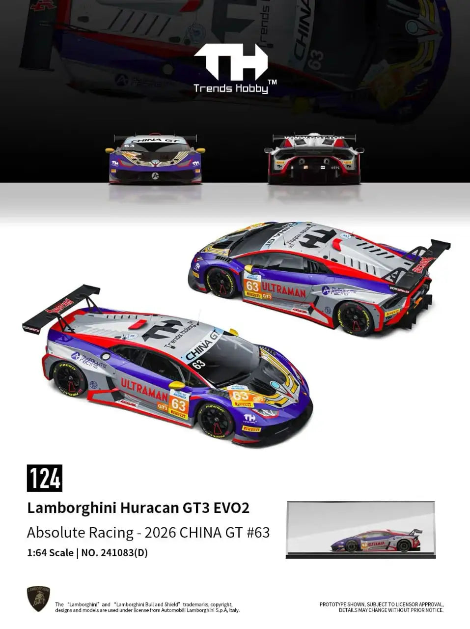Trends Hobby Trends Hobby 1:64 Scale Lamborghini Huracan GT3 EVO2 Absolute Racing Tiga Ultraman 2026 China GT #63