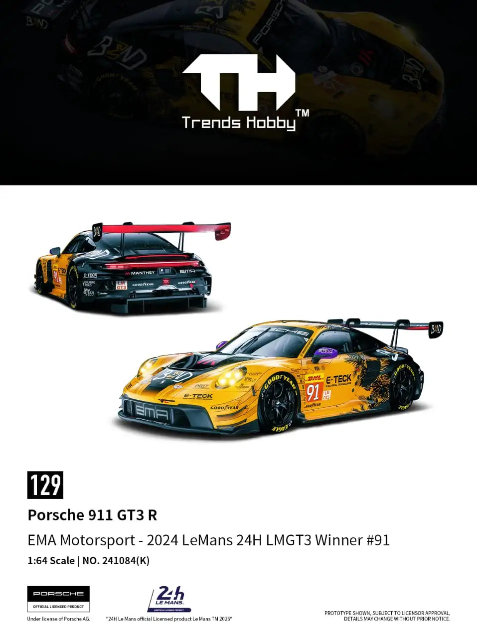 Trends Hobby TH 1:64 Porsche 911 GT3 R EMA Motorsport 2024 Le Mans 24H LMGT3 Winner #91-Trends Hobby-1:64-Mobile Garage HK