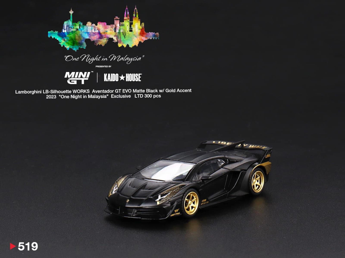 Kaido House GT-R R34 (Dinner Car) + MINI GT #519 One Night in Malaysia exclusive Bundle Lamborghini LB-Silhouette WORKS Aventador GT EVO Matte Black w/ Gold Accent