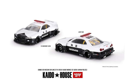 Mini GT x Kaido House #120 Nissan Skyline GT-R (R34) Kaido Works V2 Aero Police