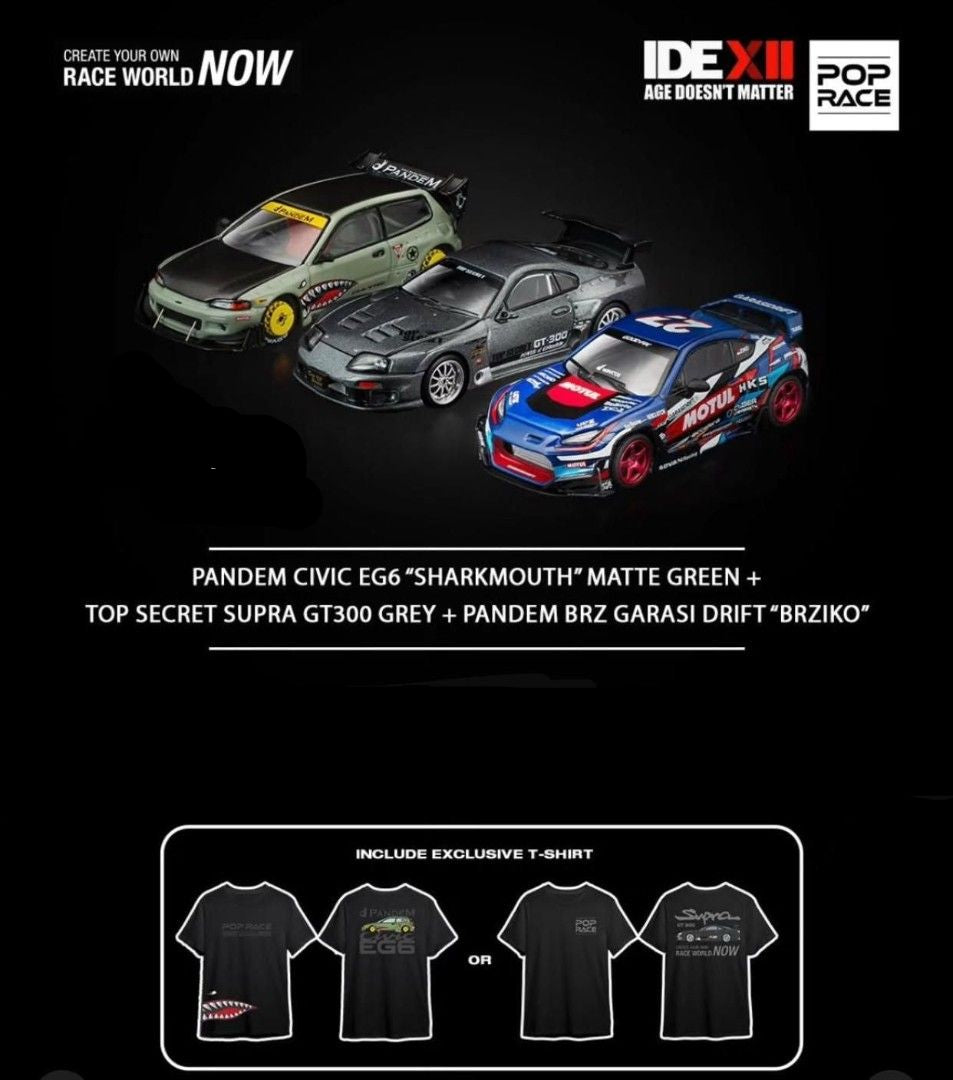 Pop Race 1:64 Scale IDE XII Exclusive Set EG6, GT300 Supra & Pandem BRZ with T shirt