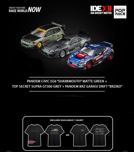 Pop Race 1:64 Scale IDE XII Exclusive Set EG6, GT300 Supra & Pandem BRZ with T shirt