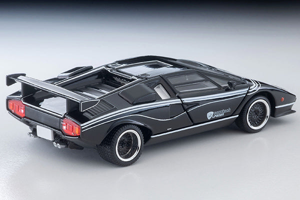 Black Lamborghini Countach LP500R Tomica Limited Vintage Neo with white pinstriping and rear wing