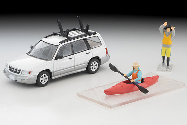 Tomica Limited Vintage Neo LV-N328b Subaru Forester Custom White/Silver with Kayak and Figure