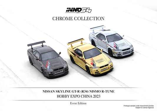 INNO64 1:64 Nissan Skyline GT-R R34 Hobby Expo China 2023 Chrome 3 Cars Set