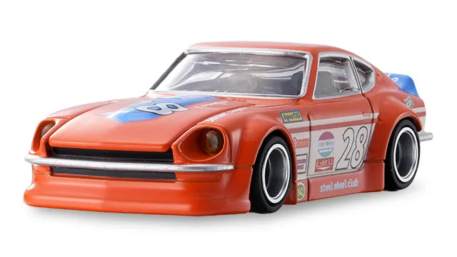 Tomica Custom Works Nissan Fairlady Z S30 #28 Orange front view dark wheels