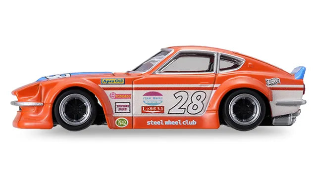 Tomica Custom Works Fairlady Z S30 #28 Orange steel wheel club side graphics blue wheels