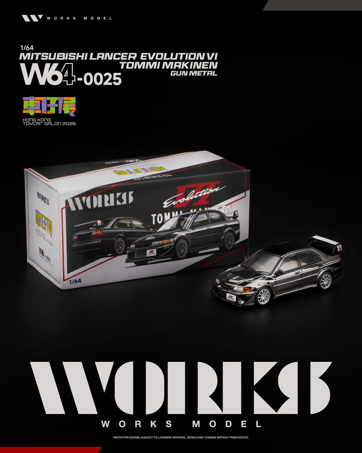 Works Model W64-0025 Mitsubishi Lancer Evolution VI Tommi Makinen Gun Metal - box and model