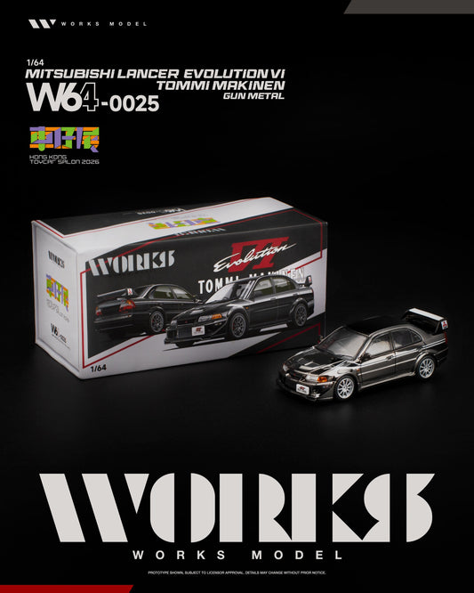 Works Model W64-0025 Mitsubishi Lancer Evolution VI Tommi Makinen Gun Metal - box and model