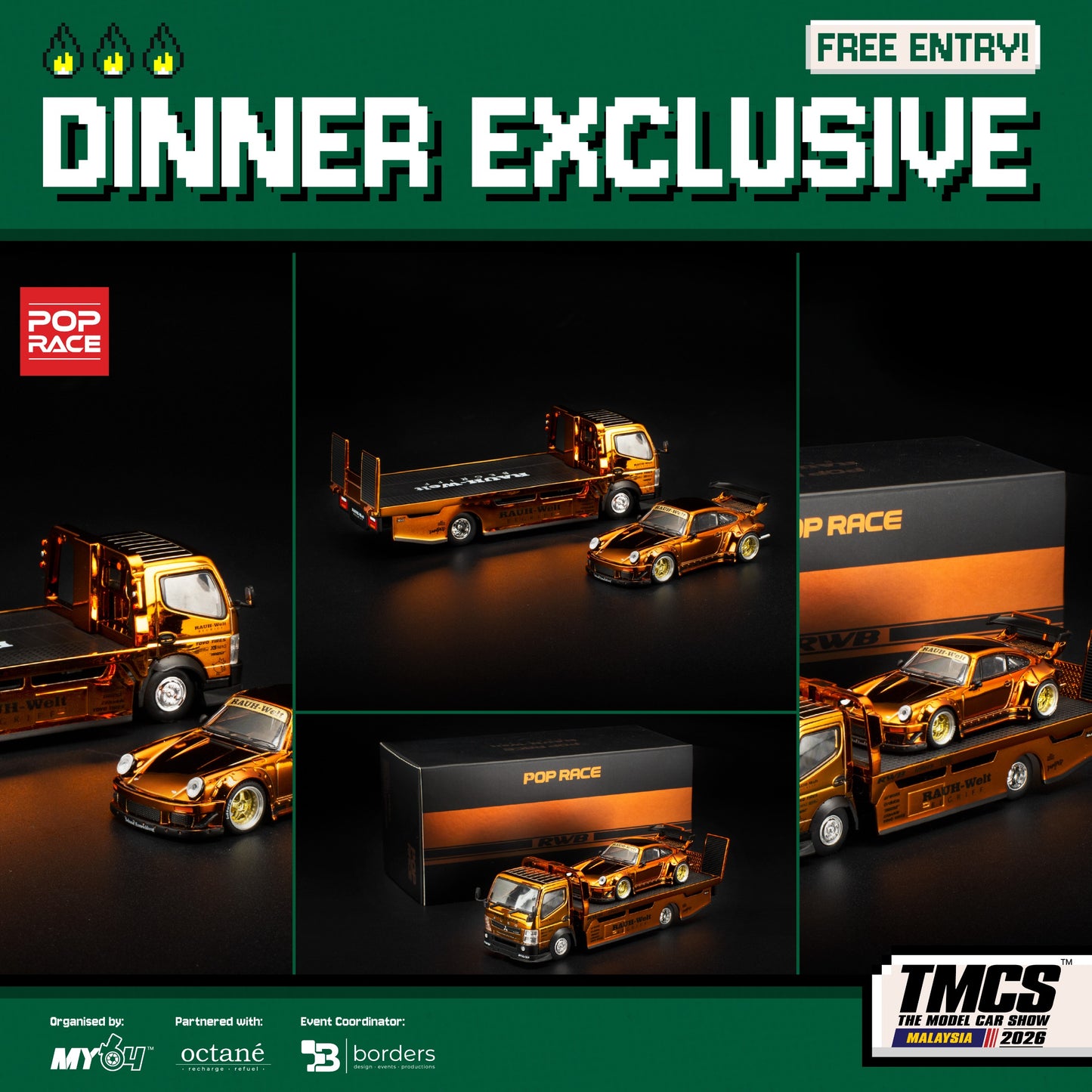 Pop Race RWB Porsche 964 & Ramp Truck Chrome Gold 2-Car Set TMCS26 Dinner Exclusive