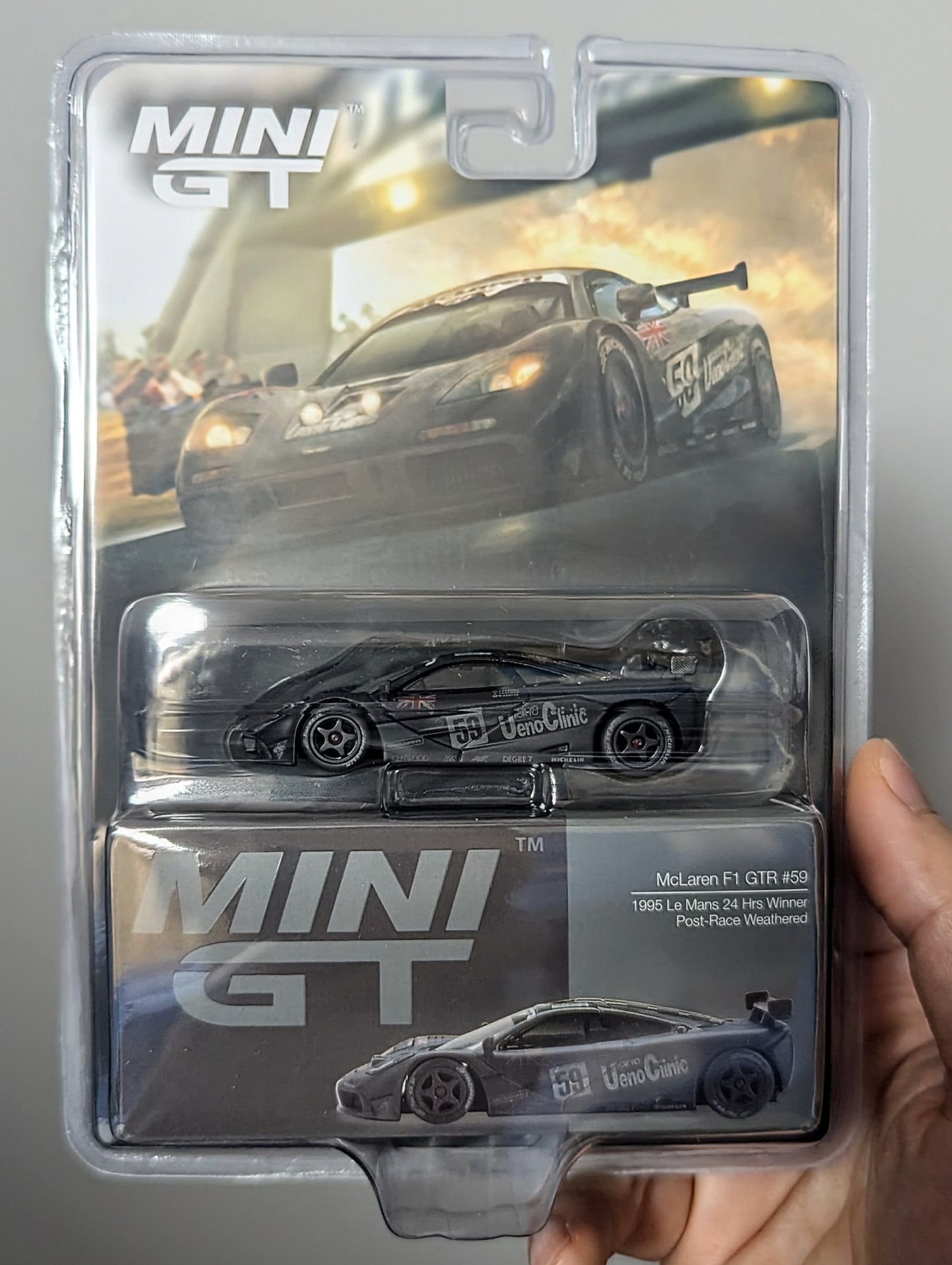 MINI GT #870 McLaren F1 GTR #59  1995 Le Mans 24Hr Winner Post-Race Weathered Blister Pack