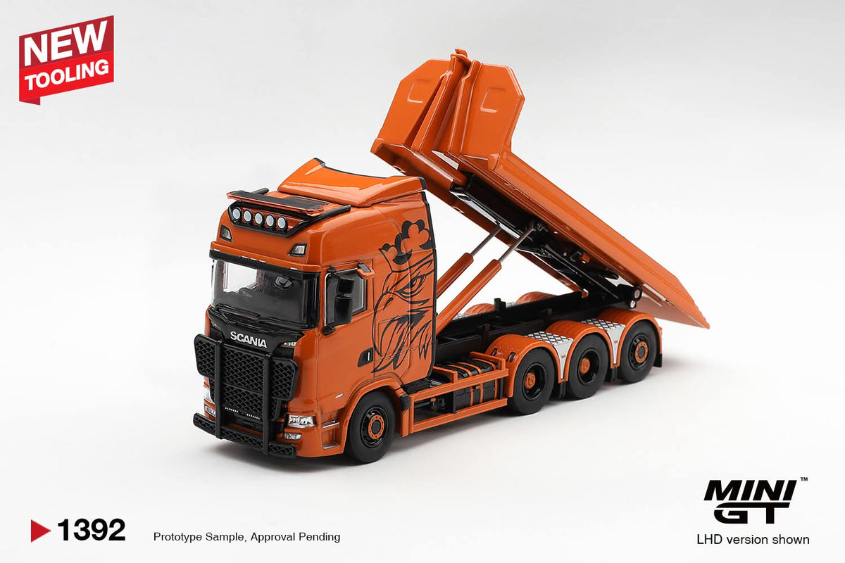 Mini GT #1392 Scania 770S B8x4NA Hooklift Flatbed Orange