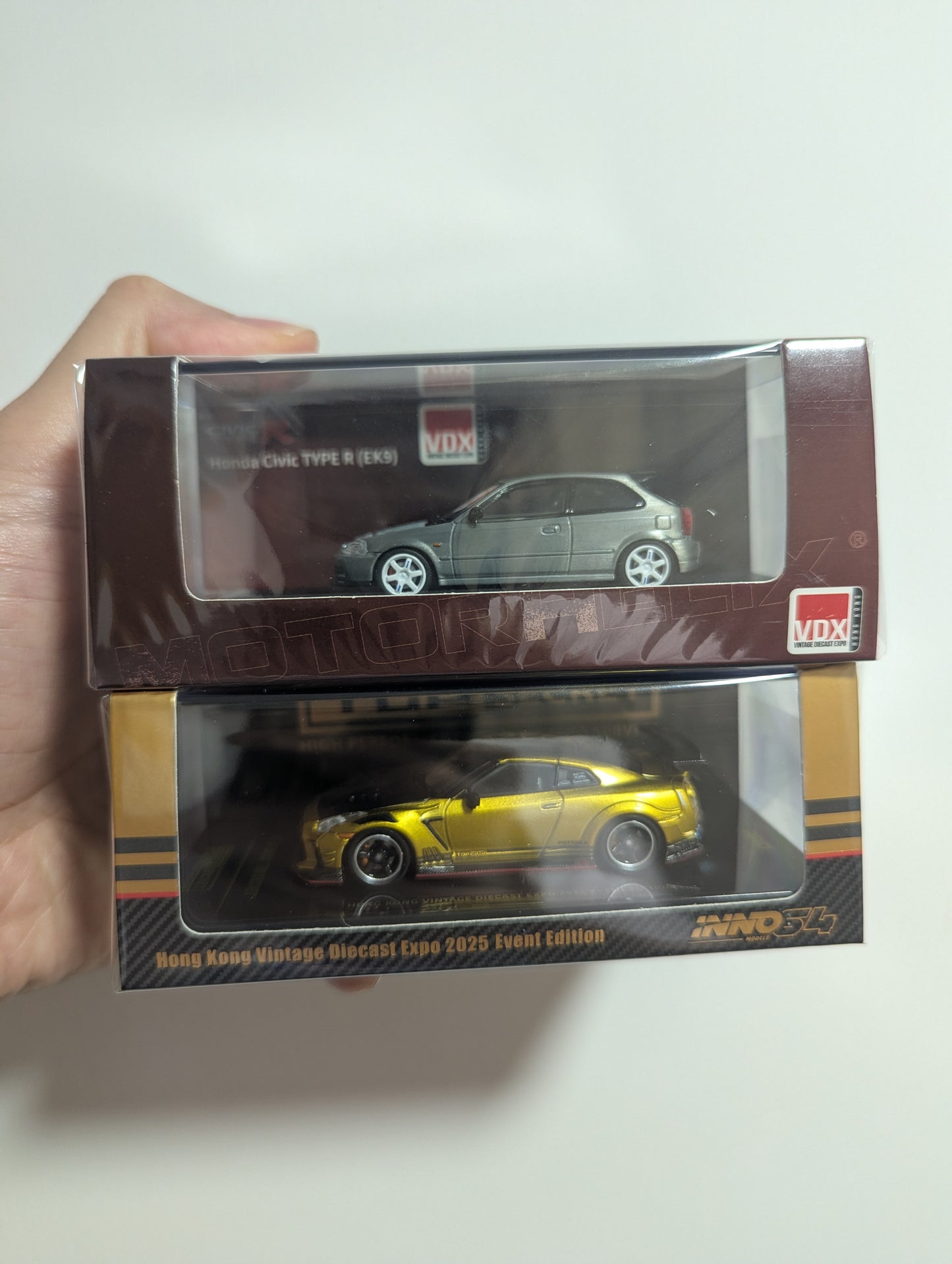 Inno64 + Motorhelix x Hong Kong Toycar Salon 2025 bundle set Nissan GT-R Top Secret Black Carbon & Honda Civic EK9