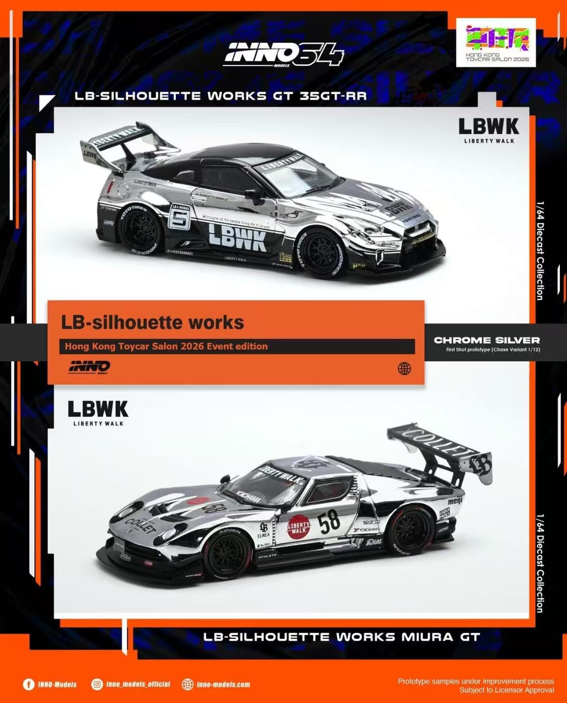 Inno64 X Hong Kong Toy Car Salon 2026 Exclusive LB-Silhouette Works GT 35GT-RR & Miura GT Chrome Silver