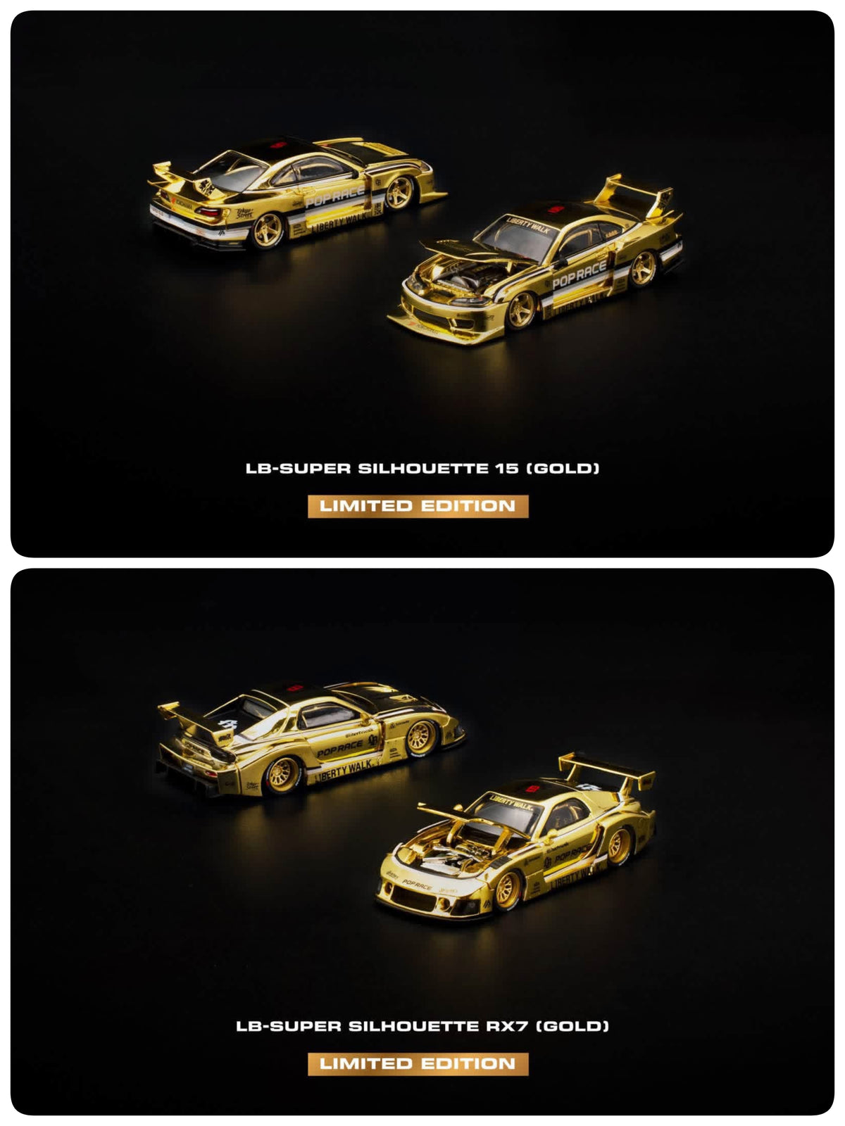 POP RACE X Liberty Walk Hong Kong Gold Limited Edition  – KUMA, LB-Super Silhouette 15 & RX7