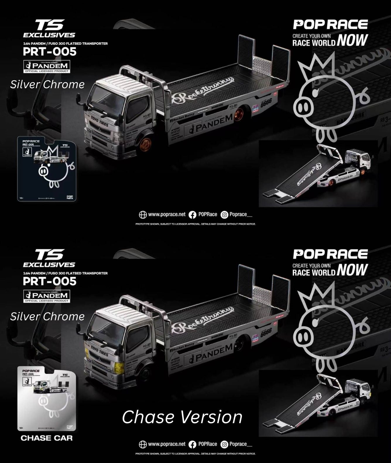 Pop Race PRT-005 Pandem Fuso 300 Flatbed Transporter Silver Chrome TS Exclusives 1:64