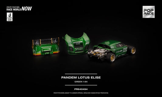 Pop Race Pandem Lotus Elise Green - Exploded View with Open Hood and Rear Wing