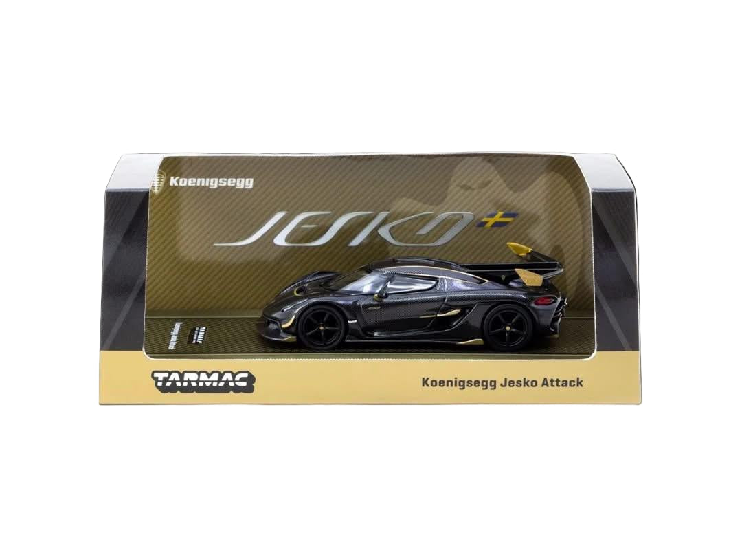Model car of Koenigsegg Jesko Attack in packaging with Tarmac branding on a white background.