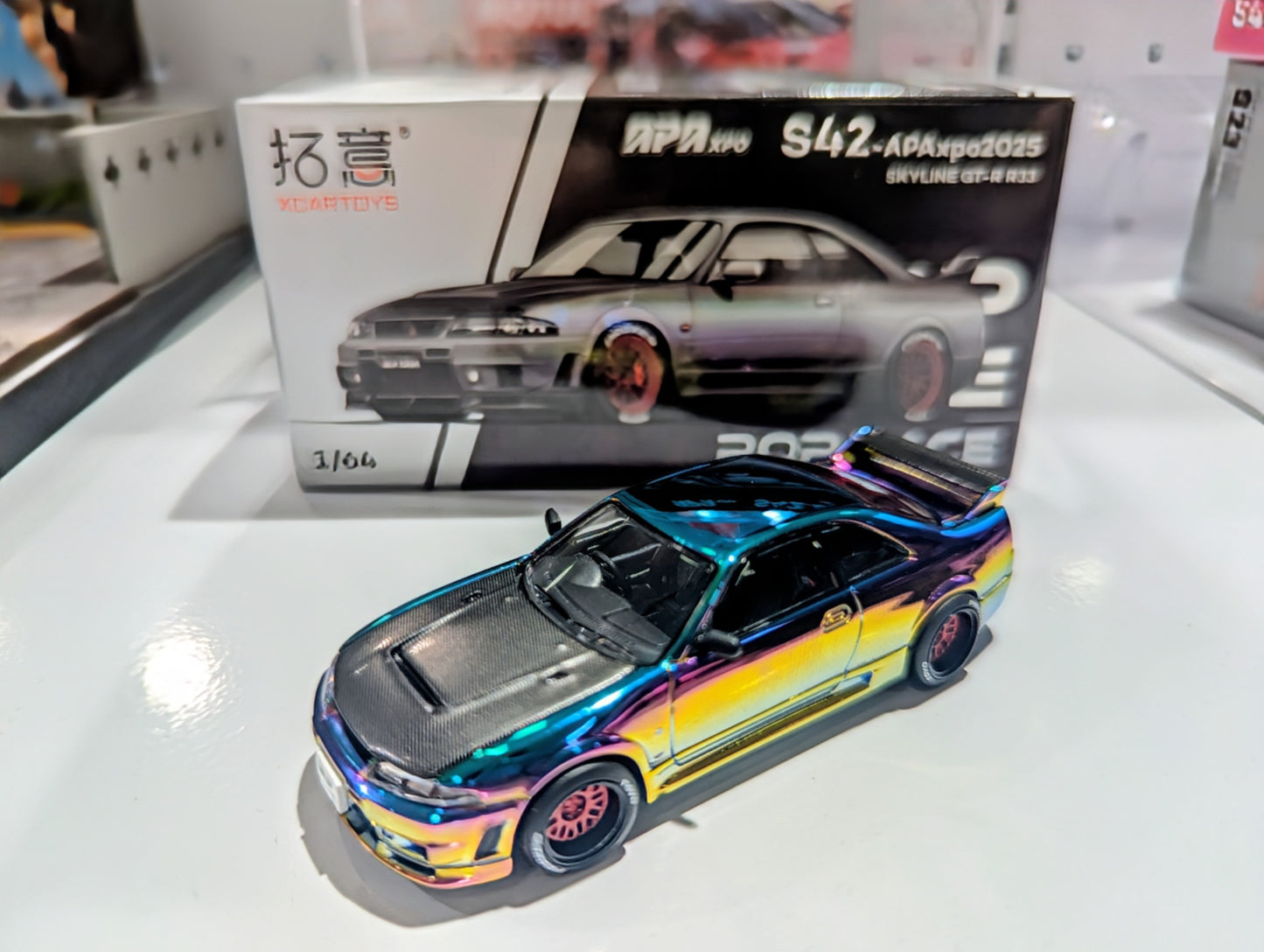 POP Race x APA XPO 1/64 Nissan Skyline GT-R R33 Holographic Chrome
