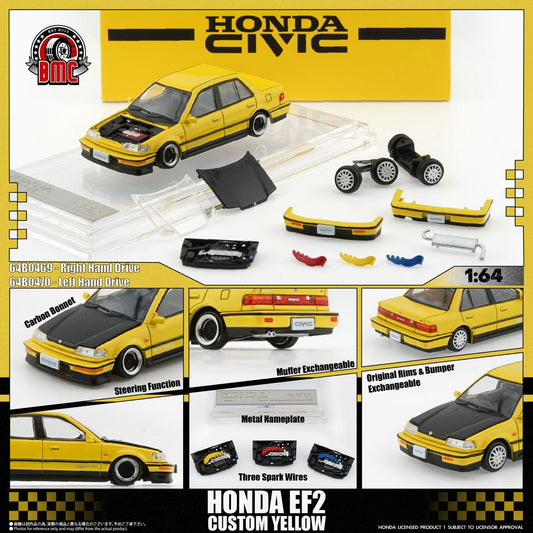 BM Creation 64B0469 1:64 Honda Civic EF2 Custom Yellow (Right Hand Drive)