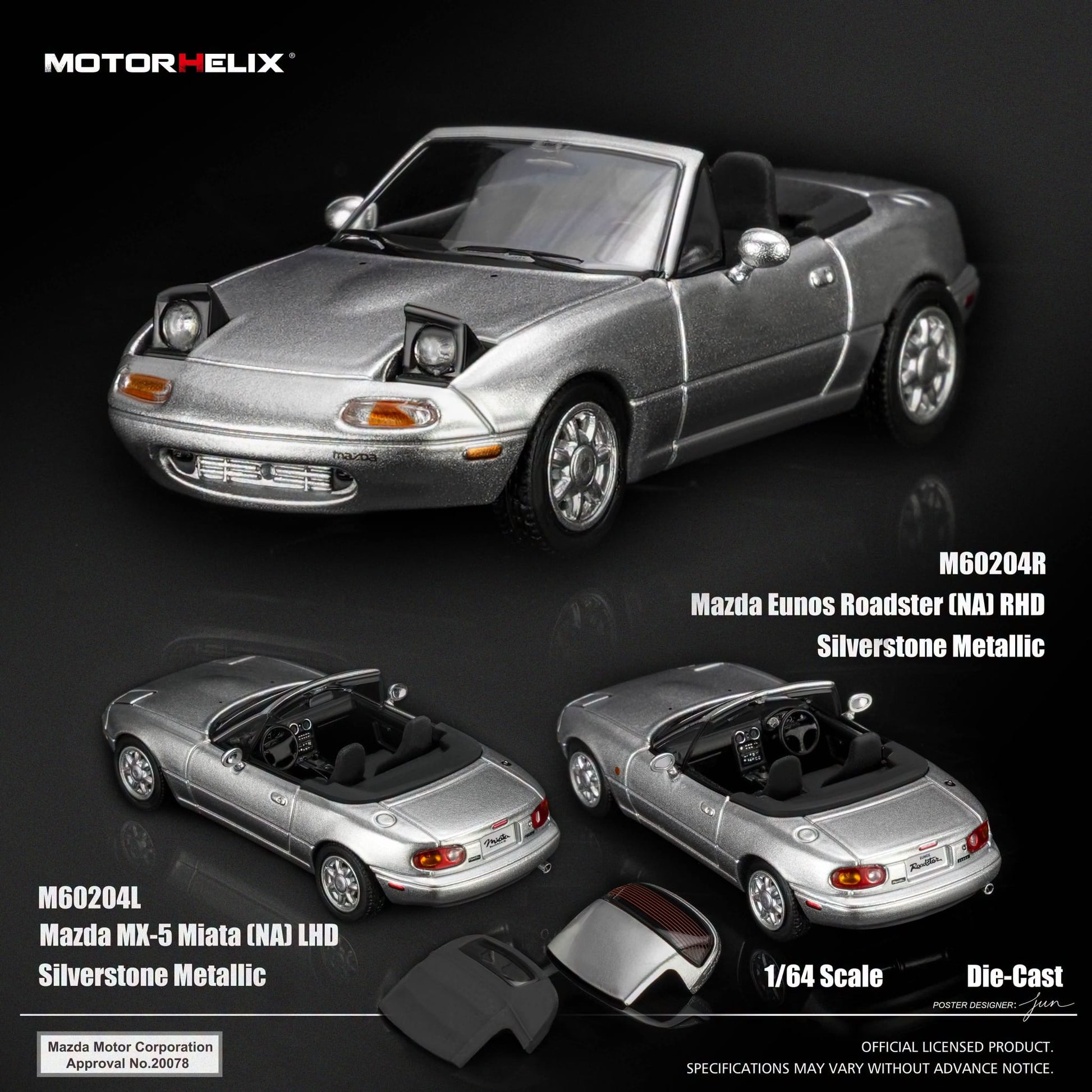 Motor Helix M60204R Mazda Eunos Roadster NA RHD Silverstone Metallic 1:64