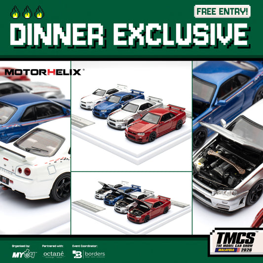 MotorHelix Nissan Skyline GT-R R34 3-Car Set TMCS26 Dinner Exclusive (Blue / Silver / Red)