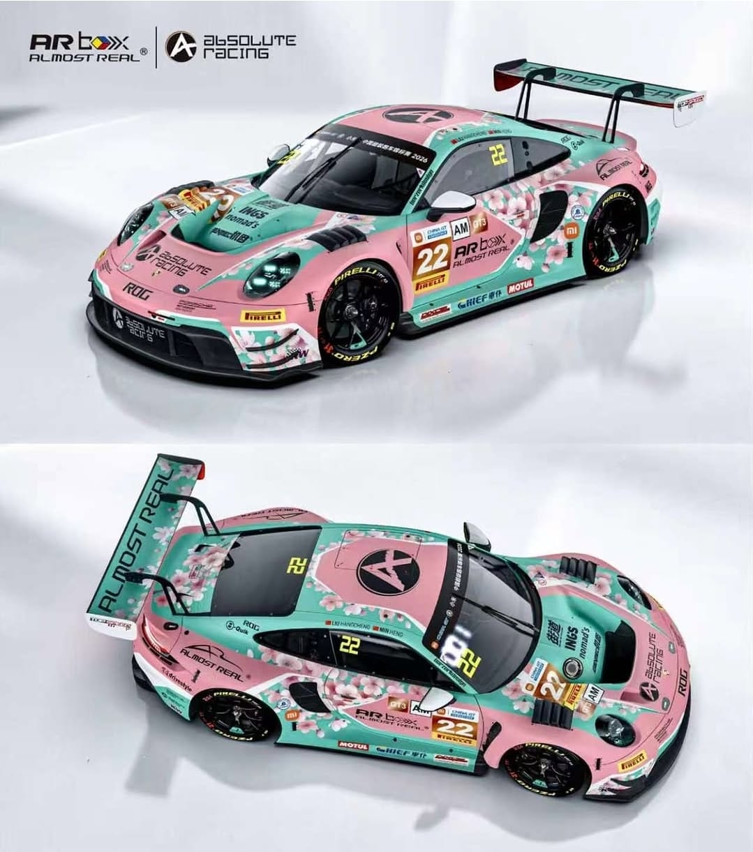AR Box 1/64 Porsche 911 GT3 R 2026 China GT Ningbo Absolute Racing #22 Pink Peach Blossom - rear three quarter and top view