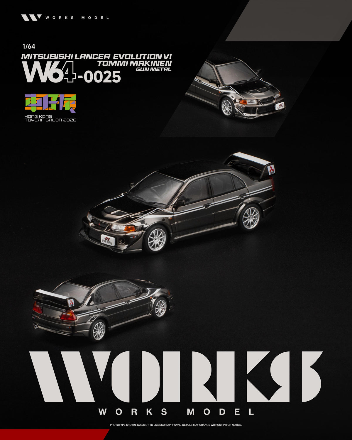 Works Model W64-0025 Mitsubishi Lancer Evolution VI Tommi Makinen Gun Metal - multi-angle render