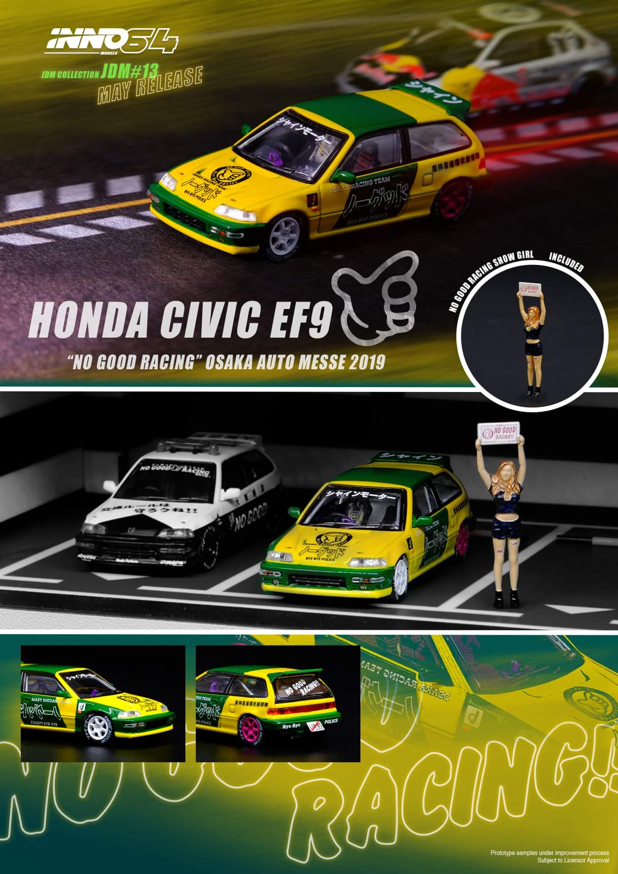 INNO64 Honda Civic EF9 No Good racing Osaka Auto Messe 2019 with show girl scale 1:64 Inno64