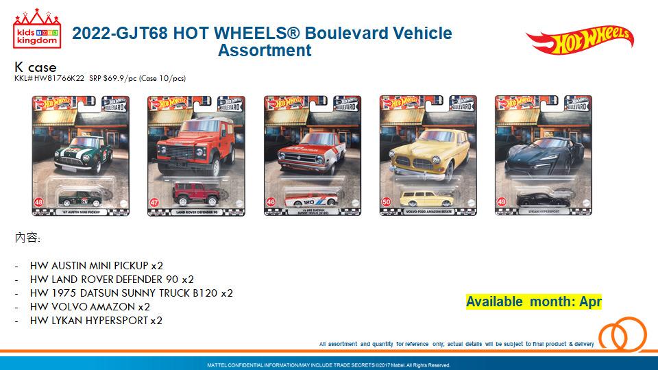 Hot Wheels Boulevard 2022 Mix K Set of 5 Hotwheels