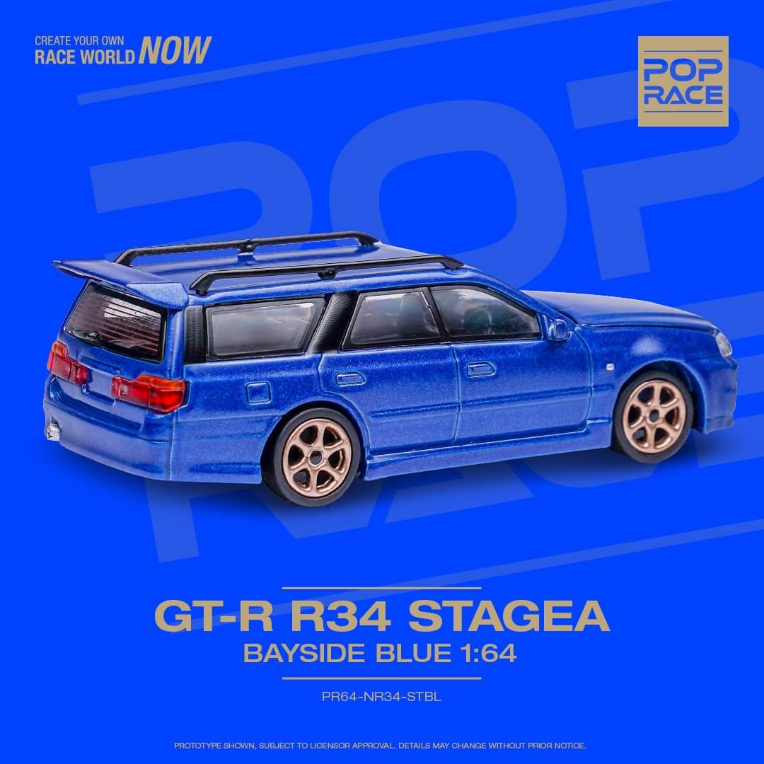 Pop Race 1:64 scale Nissan GT-R R34 Stagea Bayside Blue