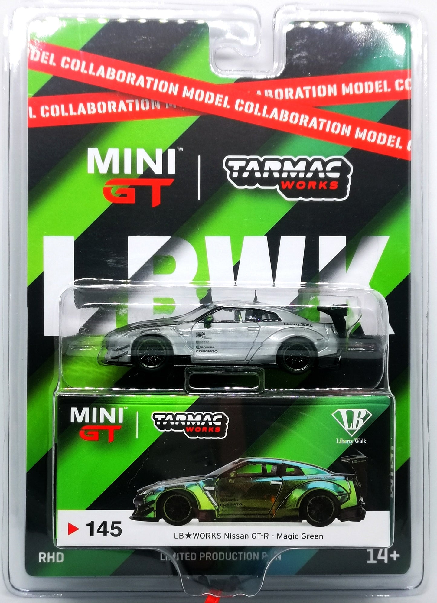 Tarmacworks X MiniGT 1/64 LB★WORKS Nissan GT-R Type 2 Rear Wing Magic Green Minigt, Tarmacworks
