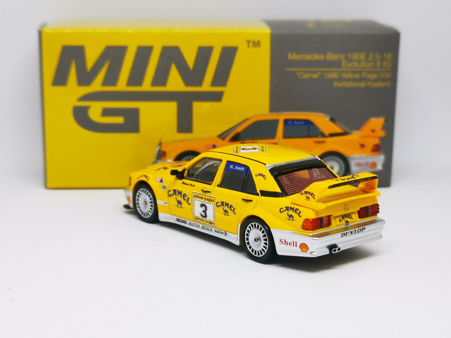 MINI GT 1:64 Mercedes-Benz 190E 2.5-16 Evolution II #3 Camel 1990 Yellow Page 200 Invitational Kyalami LHD ( With Extra Label)