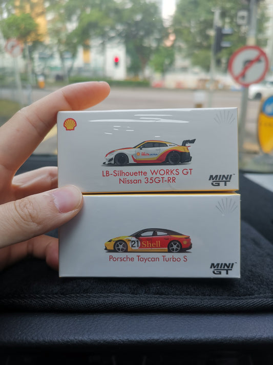 Mini GT Hong Kong Shell Exclusive LB Silhouette Works 35GT-RR/ Porsche Taycan Turbo S
