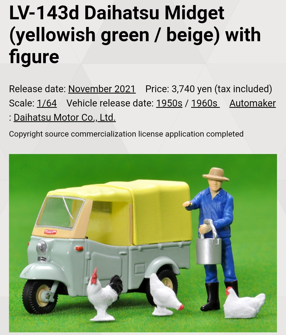 Tomica Limited Vintage LV-143d Daihatsu Midget (yellowish green / beige) with figure