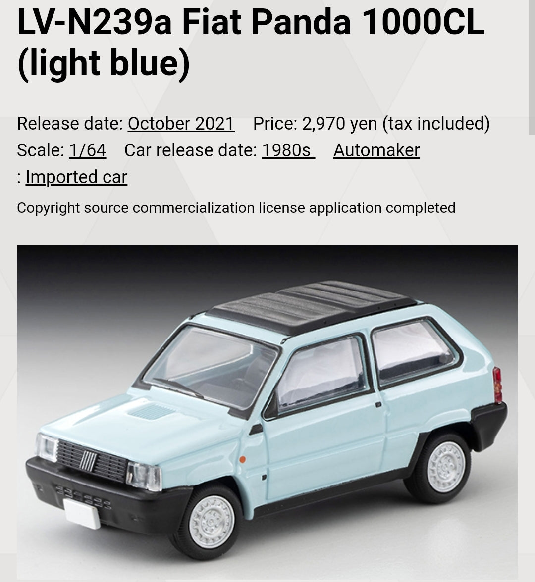 Tomica Limited Vintage Neo LV-N239a Fiat Panda 1000CL (light blue)