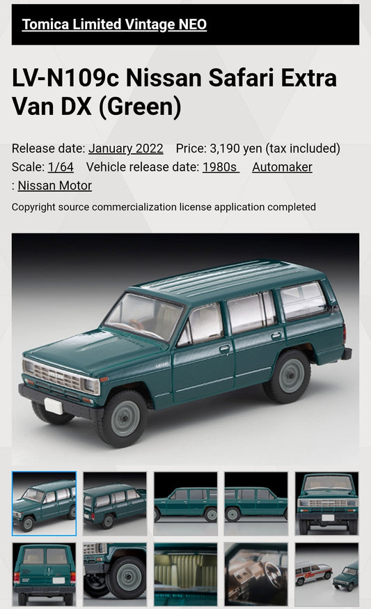 Tomica Limited Vintage Neo LV-N109c Nissan Safari Extra Van DX (Green)
