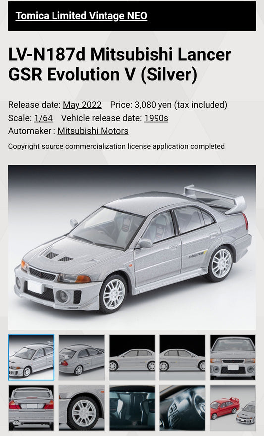 Tomica Limited Vintage Neo LV-N187d Mitsubishi Lancer GSR Evolution V (Silver) Takara Tomy
