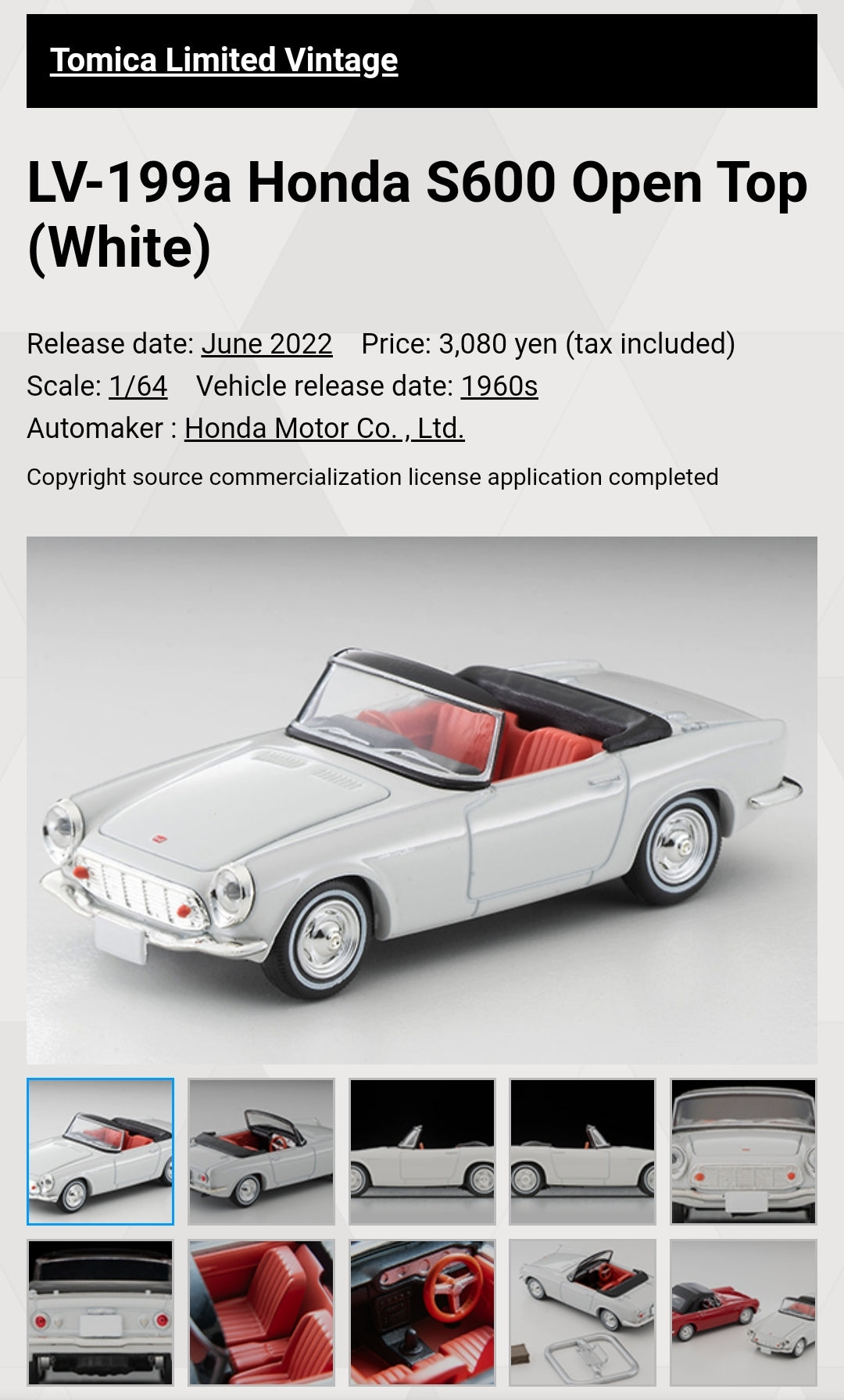 Tomica Limited Vintage LV-199a Honda S600 Open Top (White) Takara Tomy