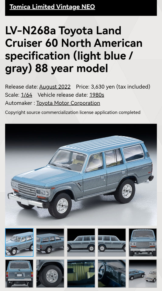 Tomica Limited Vintage Neo LV-N268a Toyota Land Cruiser 60 North American specification (light blue / gray) 88 year model